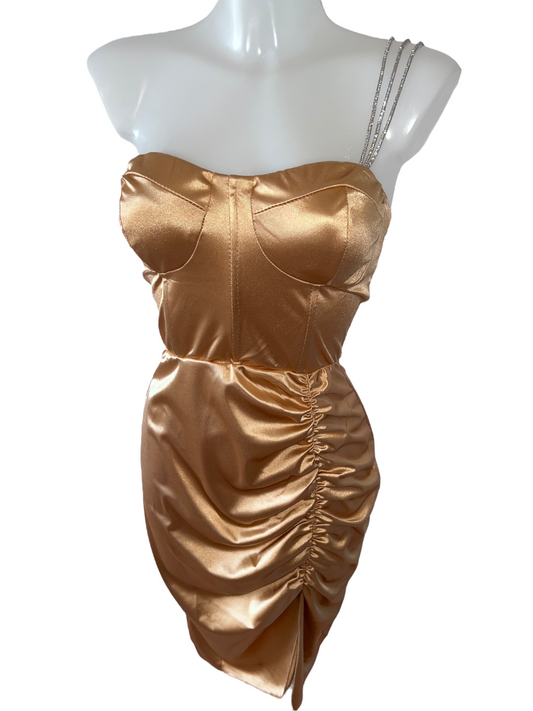 Satin One-Shoulder- Kleid mit Strassträgern - Gold