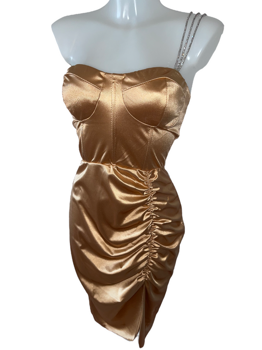 Satin One-Shoulder- Kleid mit Strassträgern - Gold