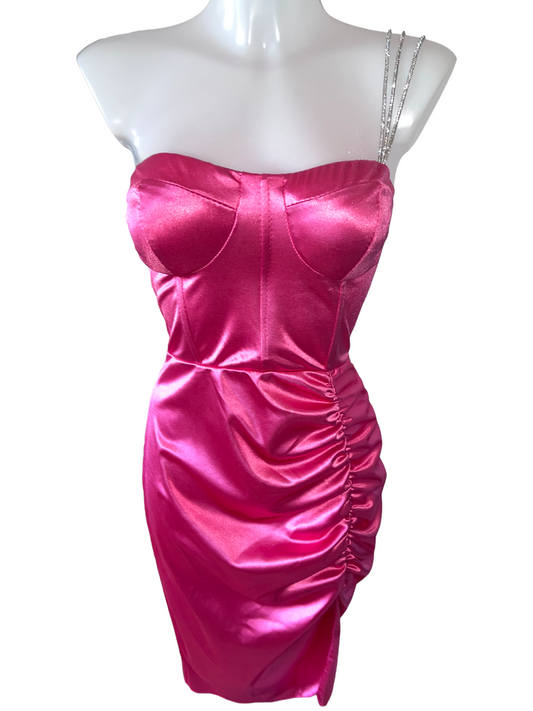 Satin One-Shoulder- Kleid mit Strassträgern - Pink